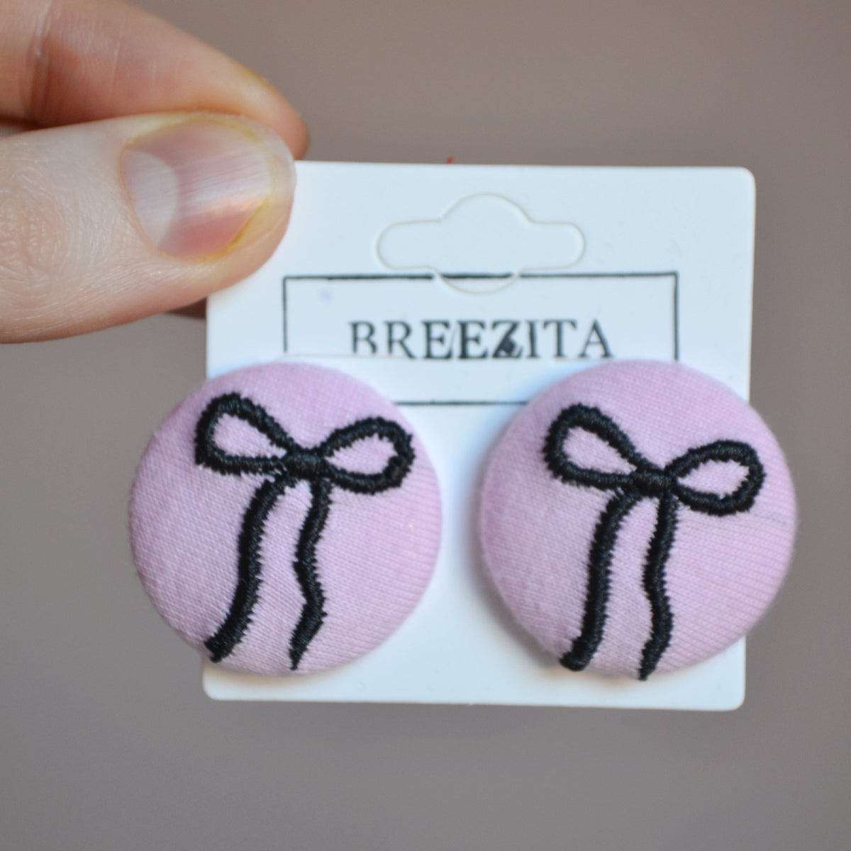 Ready-Made Black Bow on Pink Button Stud Earrings