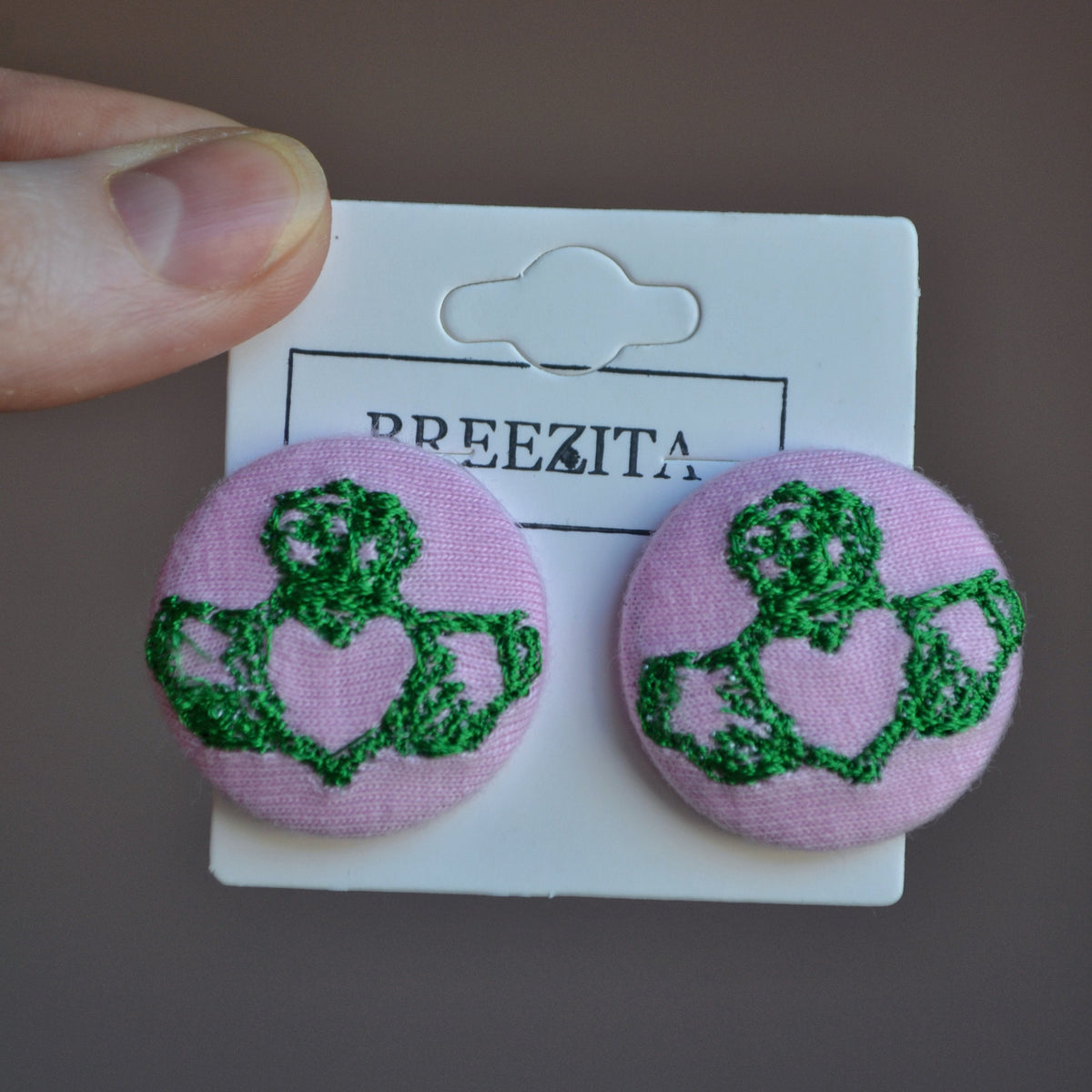 Ready-Made Green Claddagh on Pink Button Stud Earrings