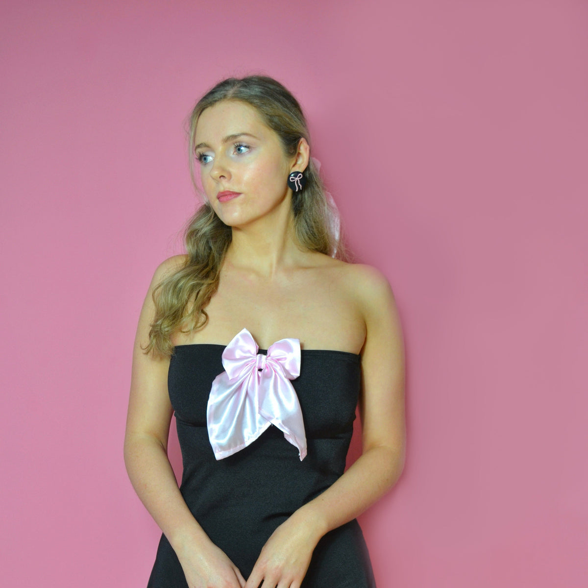 Ready-Made Pink Bow on Black Button Stud Earrings