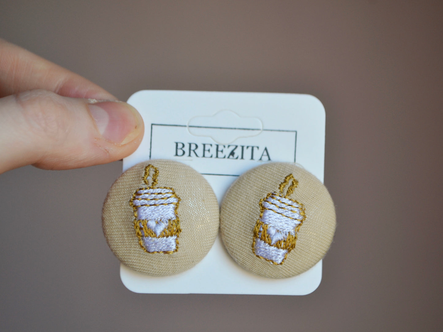 Coffee Cup Button Earrings - Beige