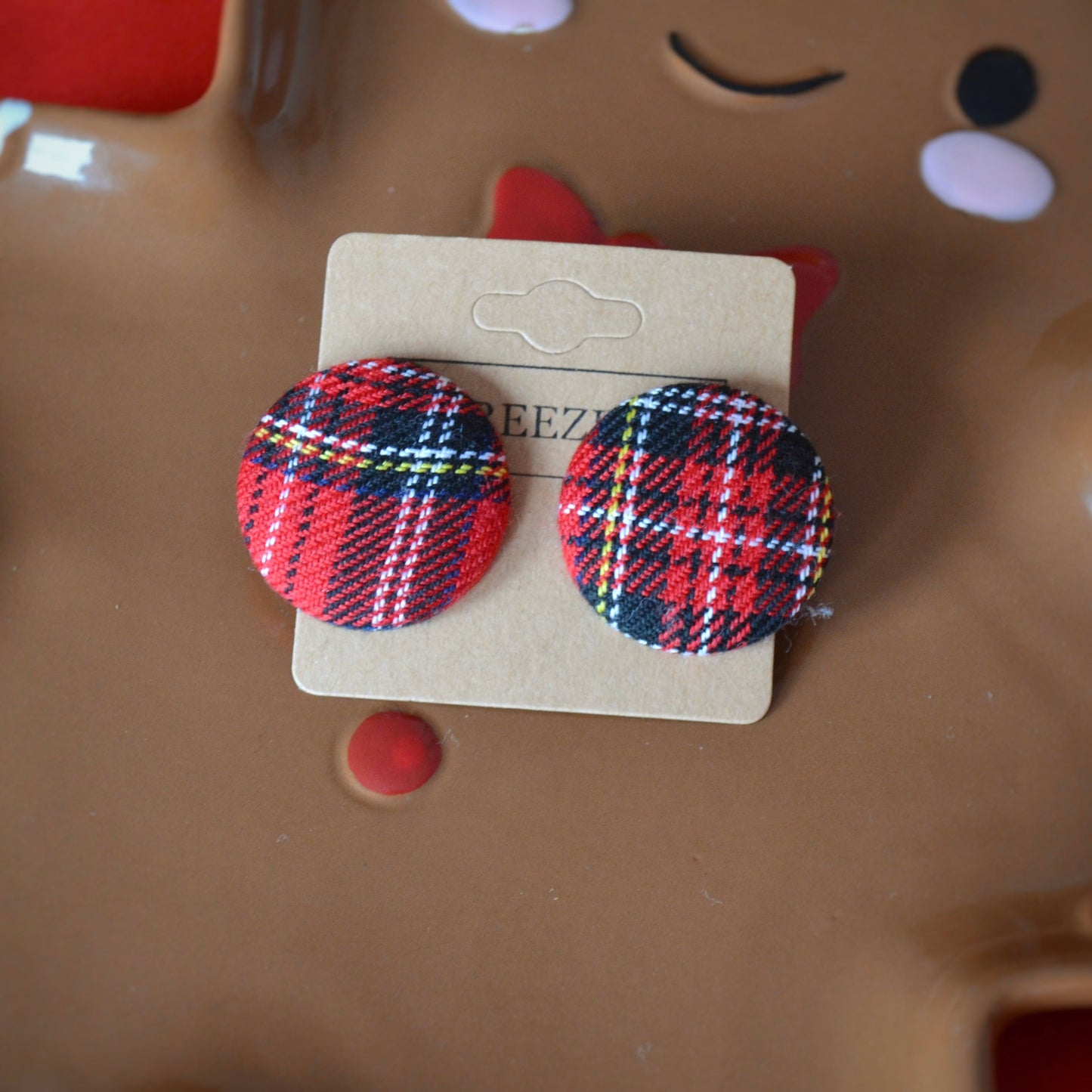 Red Tartan Button Earrings