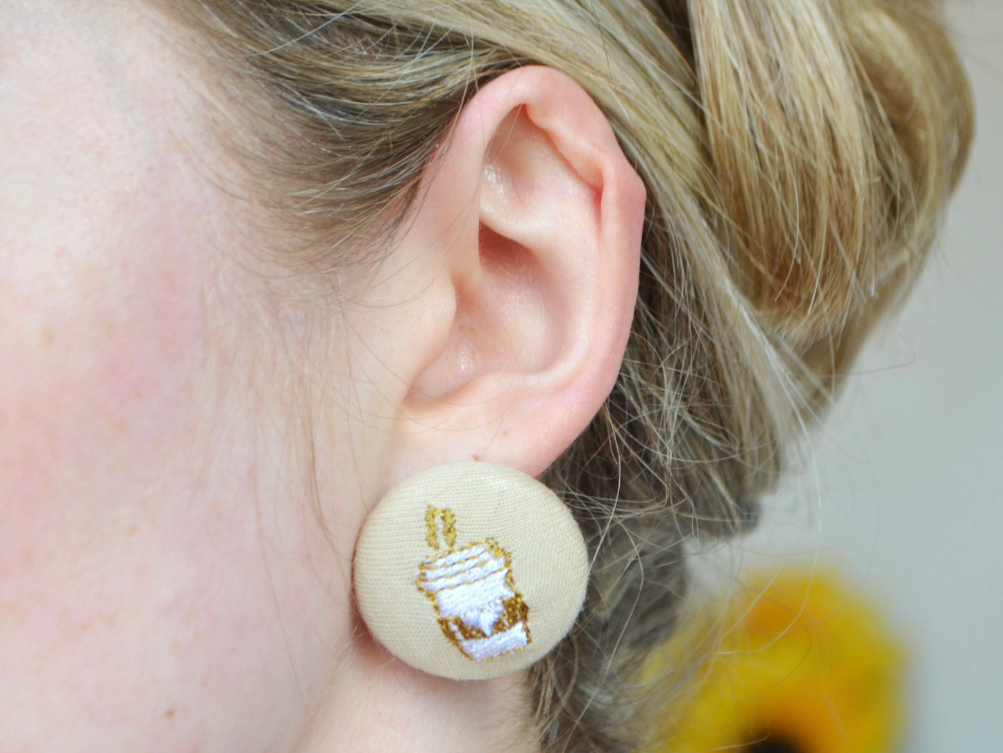 Coffee Cup Button Earrings - Beige
