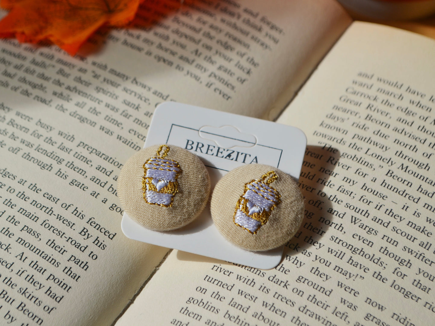 Coffee Cup Button Earrings - Beige