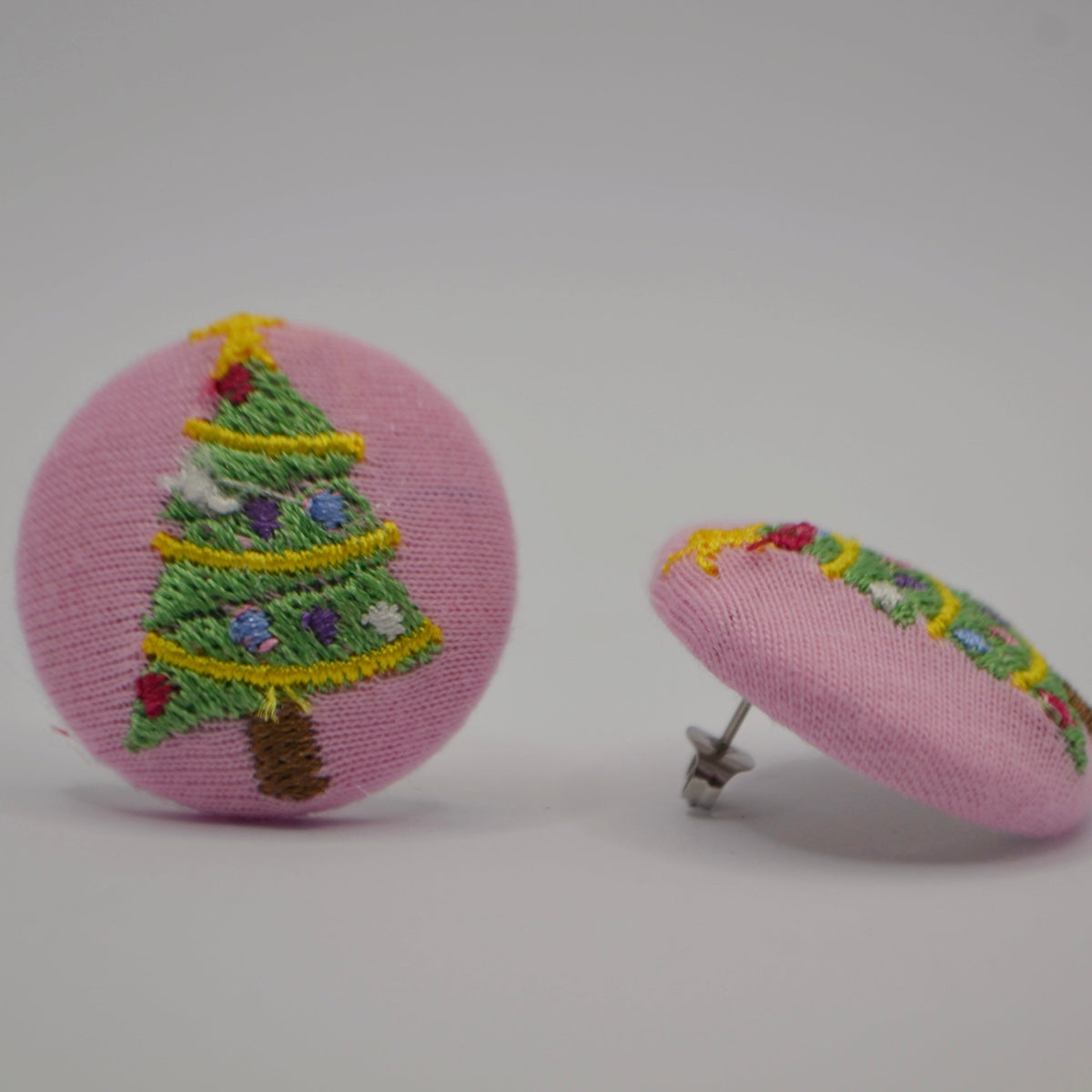 Ready-Made Christmas Tree on Pink Button Stud Earrings