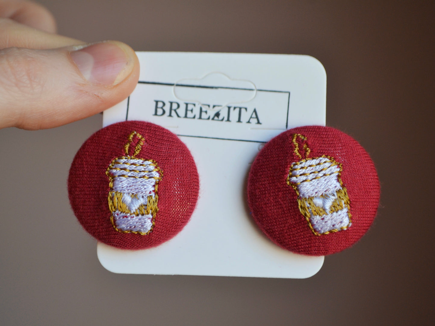Coffee Cup Button Earrings - Maroon
