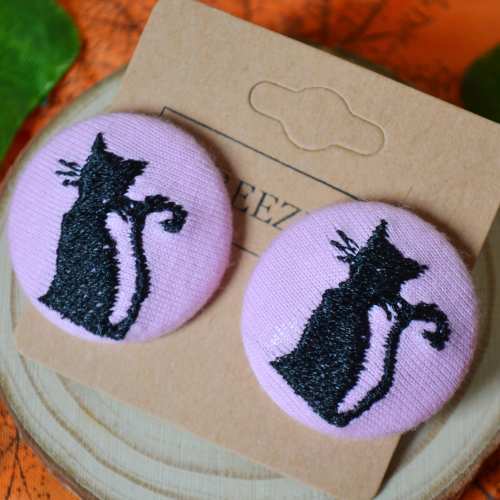 Black Cat Button Earrings - Orange