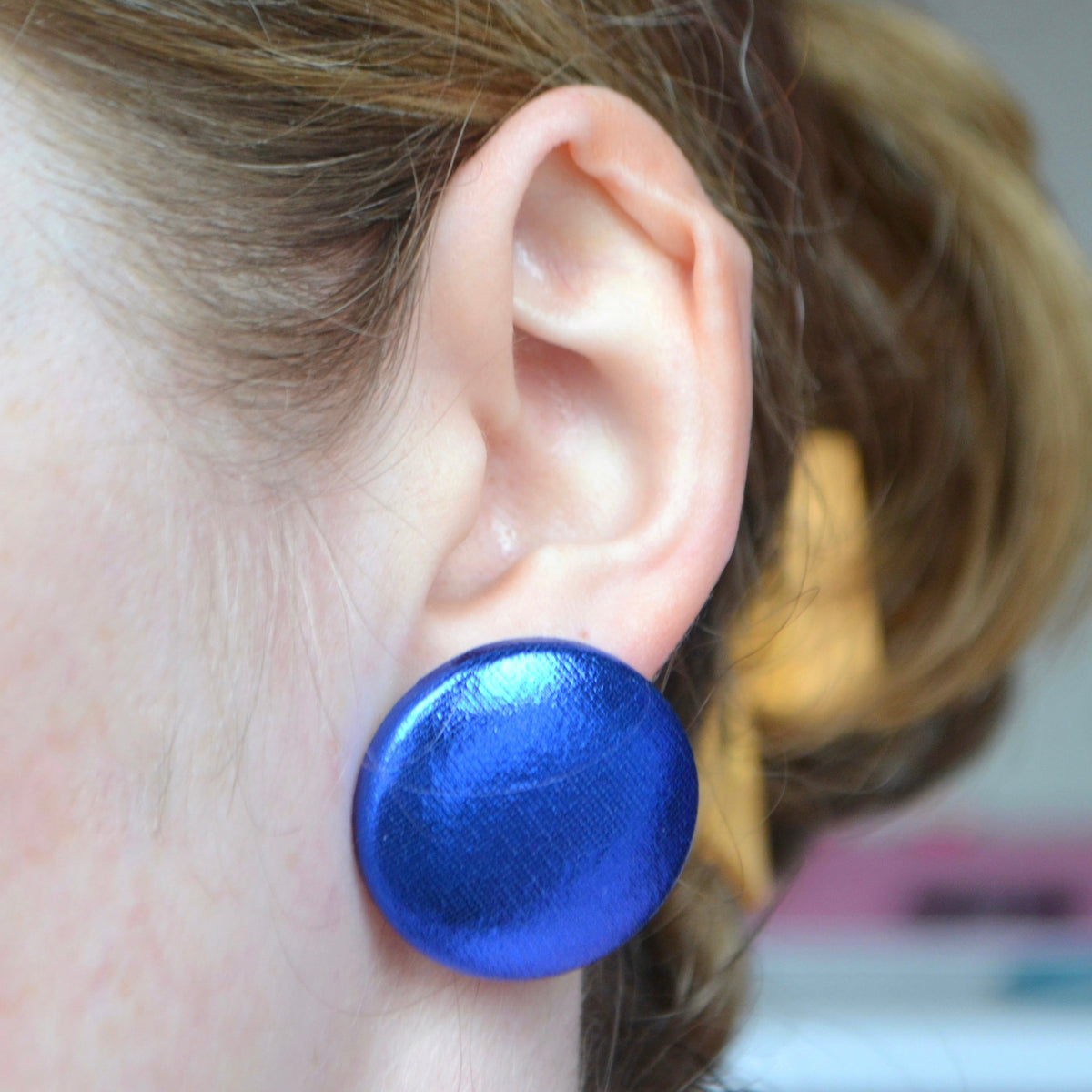 Ready-Made Royal Blue Foil Button Stud Earrings