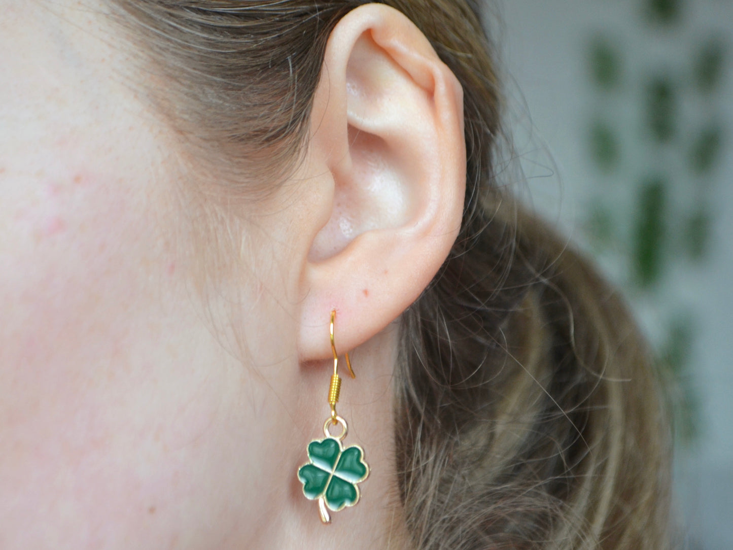 Four Leaf Clover Hook Earrings - Dark Green