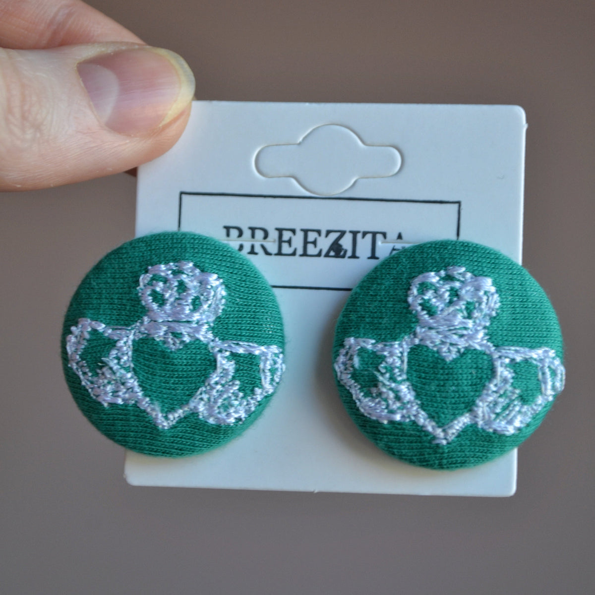 White Claddagh on Green Button Stud Earrings — Ready Made