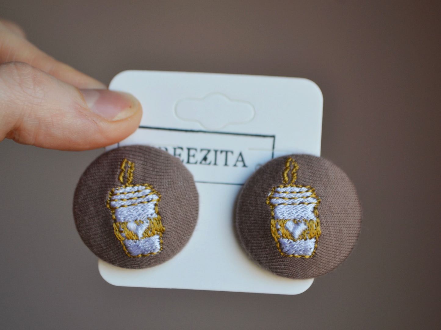 Coffee Cup Button Earrings - Brown