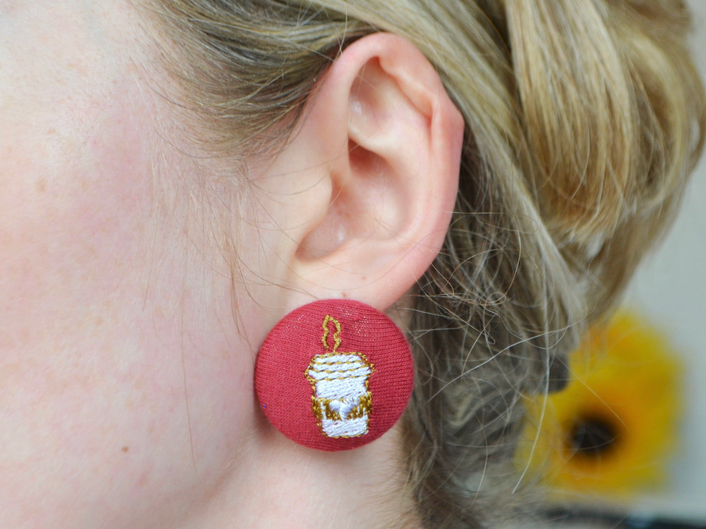 Coffee Cup Button Earrings - Maroon