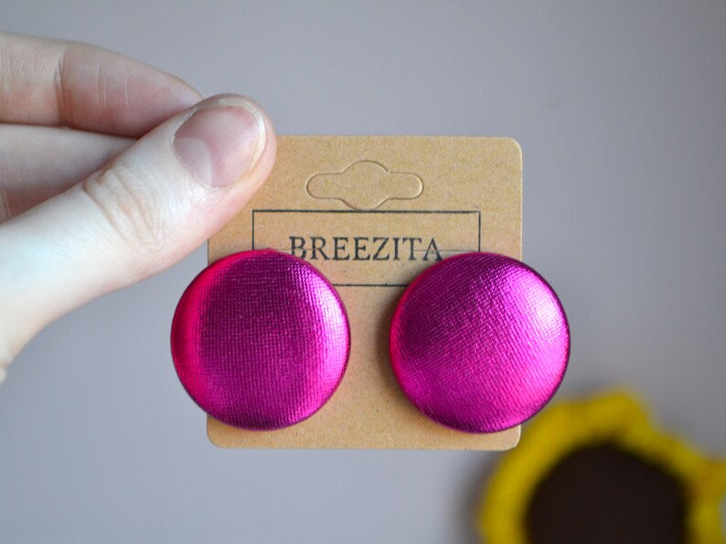 Cerise Foil Button Earrings