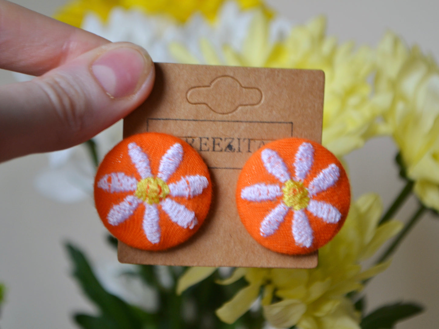 Daisy Button Earrings - Orange
