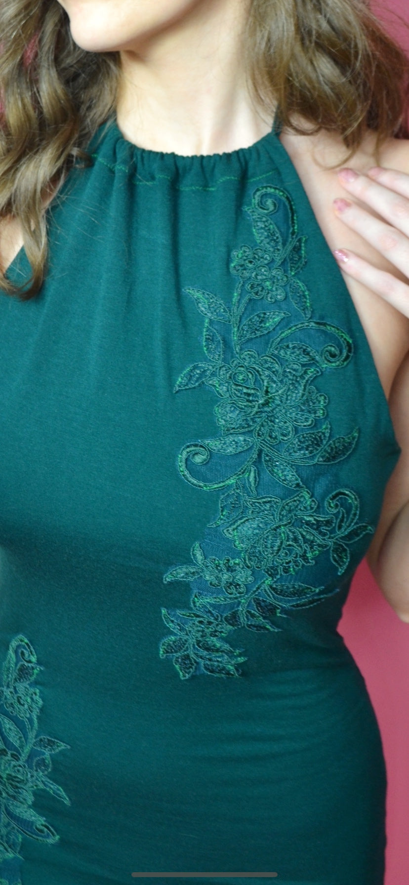 Holly Dress - Bottle Green Halter Dress With Lace Appliqué