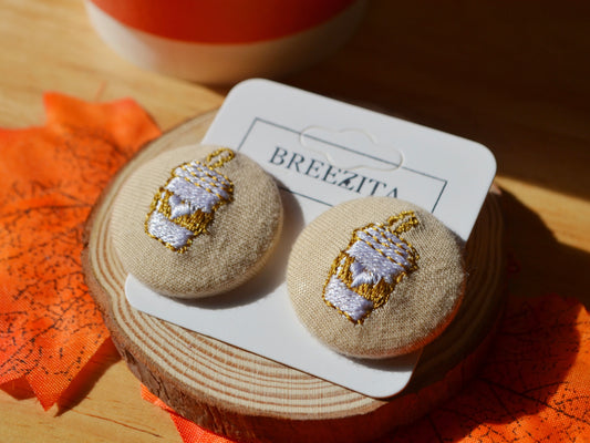 Coffee Cup Button Earrings - Beige