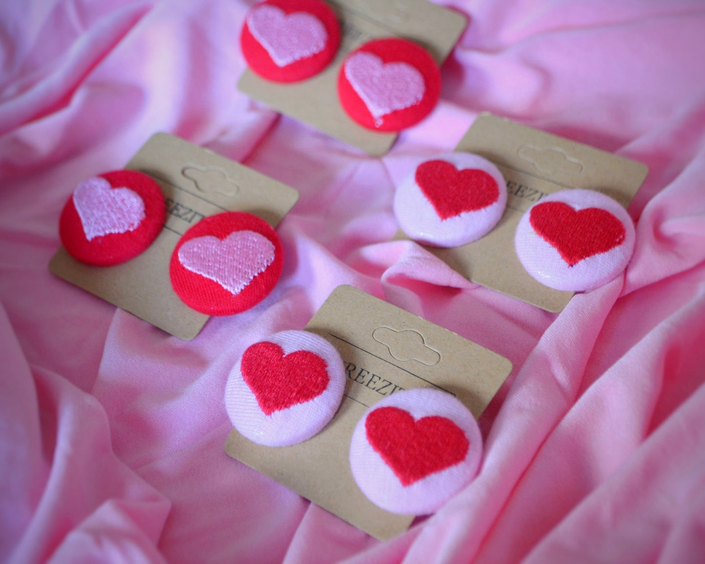 Red Heart Button Earrings - Sustainable Heart Embroidered Stud Earrings