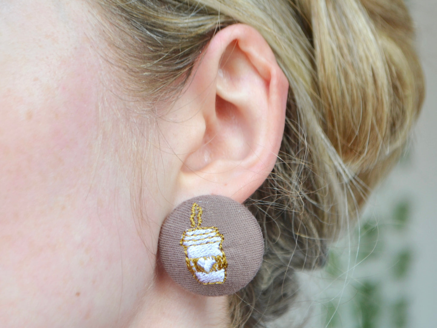 Coffee Cup Button Earrings - Brown