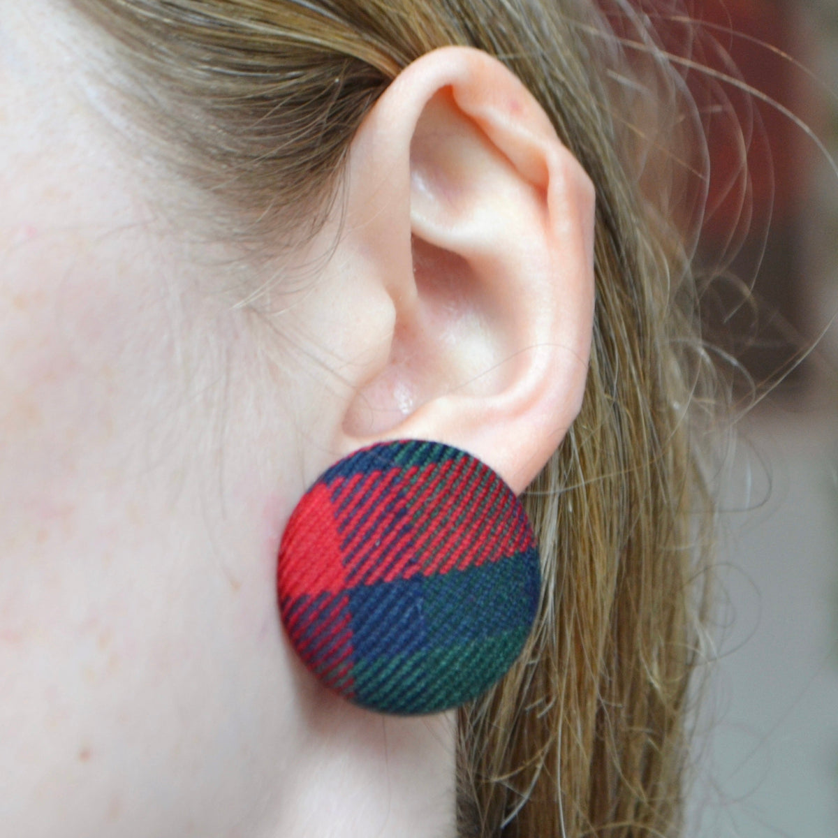 Ready-Made Green and Red Tartan Button Stud Earrings