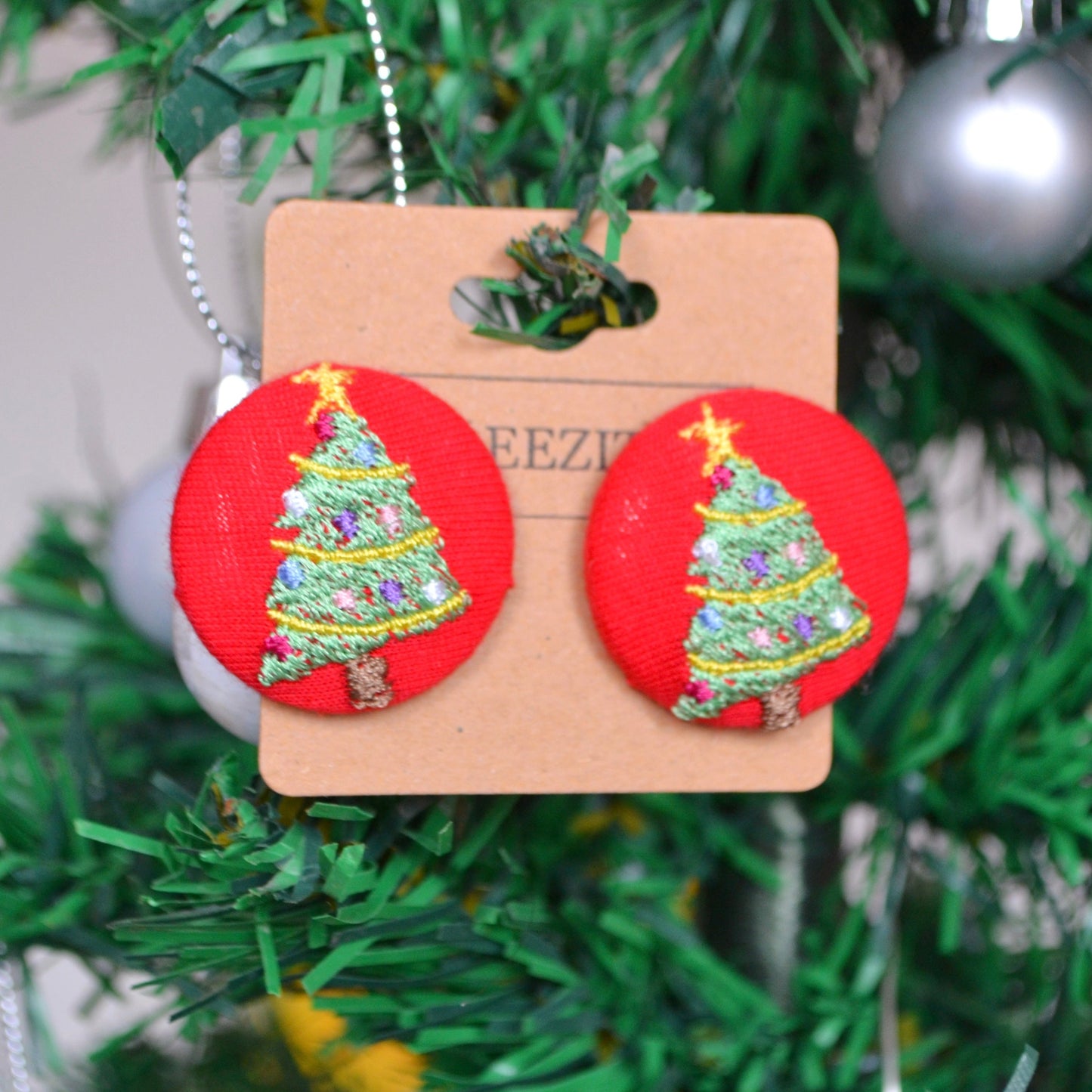 Pink Christmas Tree Button Earrings