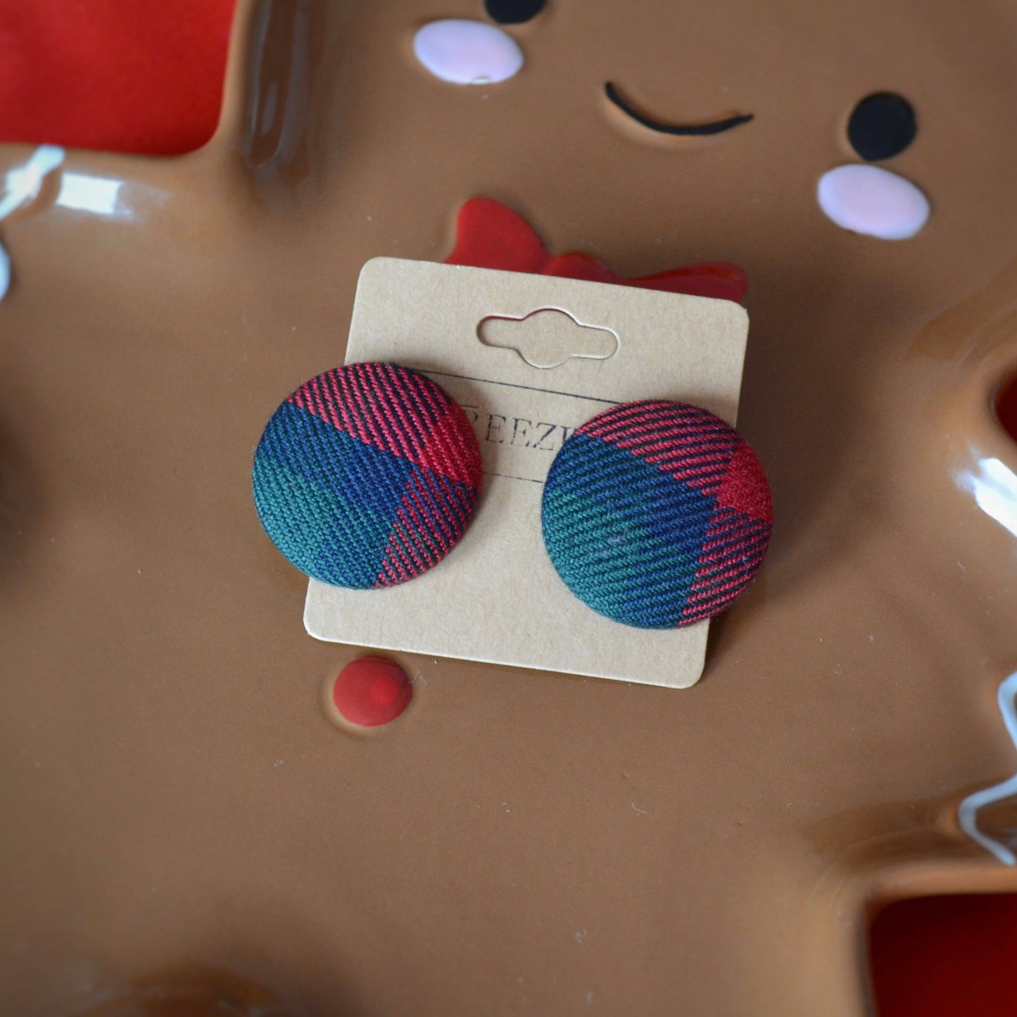 Green and Red Tartan Button Earrings
