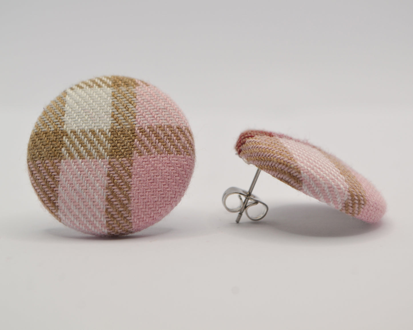Baby Pink Tartan Button Earrings