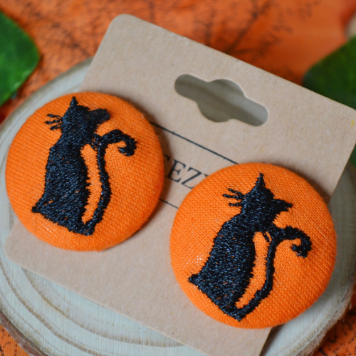 Black Cat Button Earrings - Orange