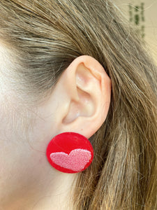 Pink Heart Button Earrings - Sustainable Heart Embroidered Stud Earrings