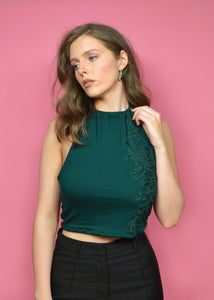 Holly Top - Bottle Green Halter Top With Lace Appliqué