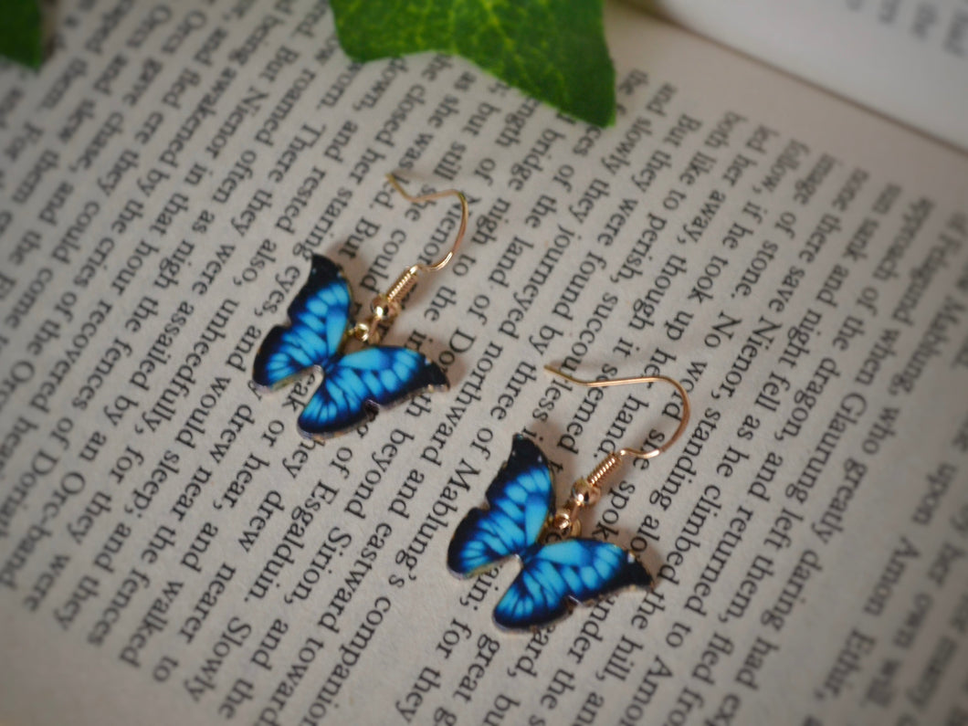 Blue Butterfly Charm Hook Earrings: Gold-Coloured Hypoallergenic Hooks - 9 Vibrant Colours