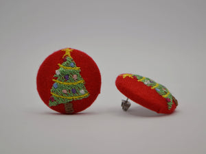 Red Christmas Tree Button Earrings