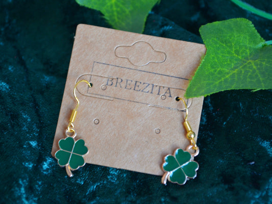 Four Leaf Clover Hook Earrings - Dark Green