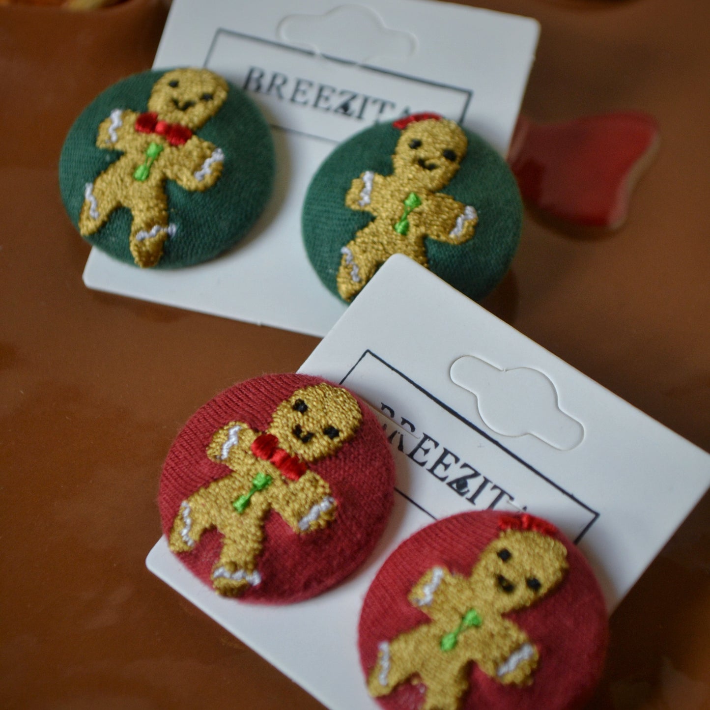Gingerbread Button Earrings – Bottle Green