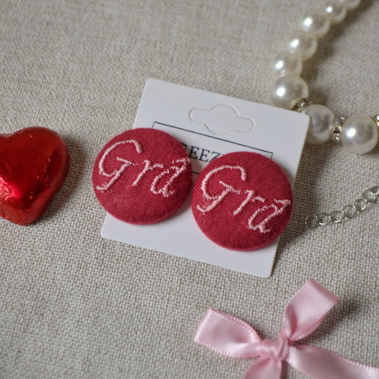 Grá Button Earrings – Soft Valentine Edition (Maroon & Pink)
