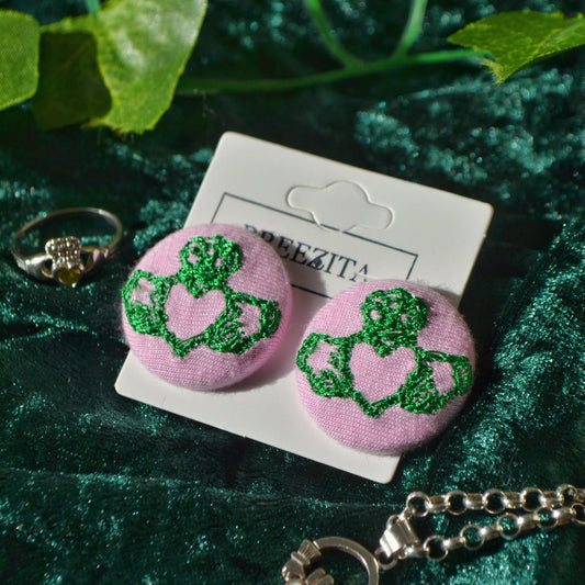 Pink Claddagh Button Earrings - Studs & Clip-Ons