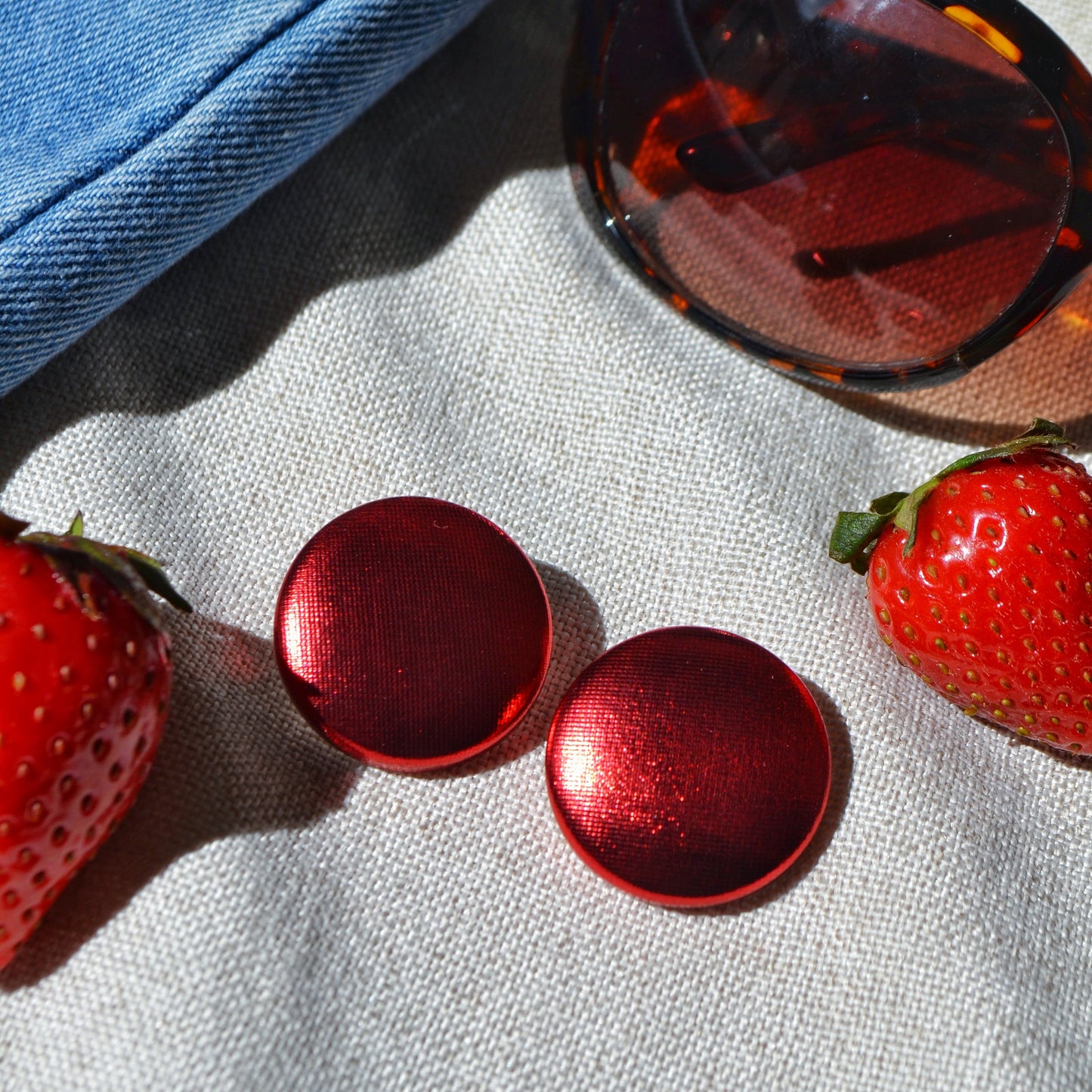 Red Foil Button Earrings - Stud or Clip Ons