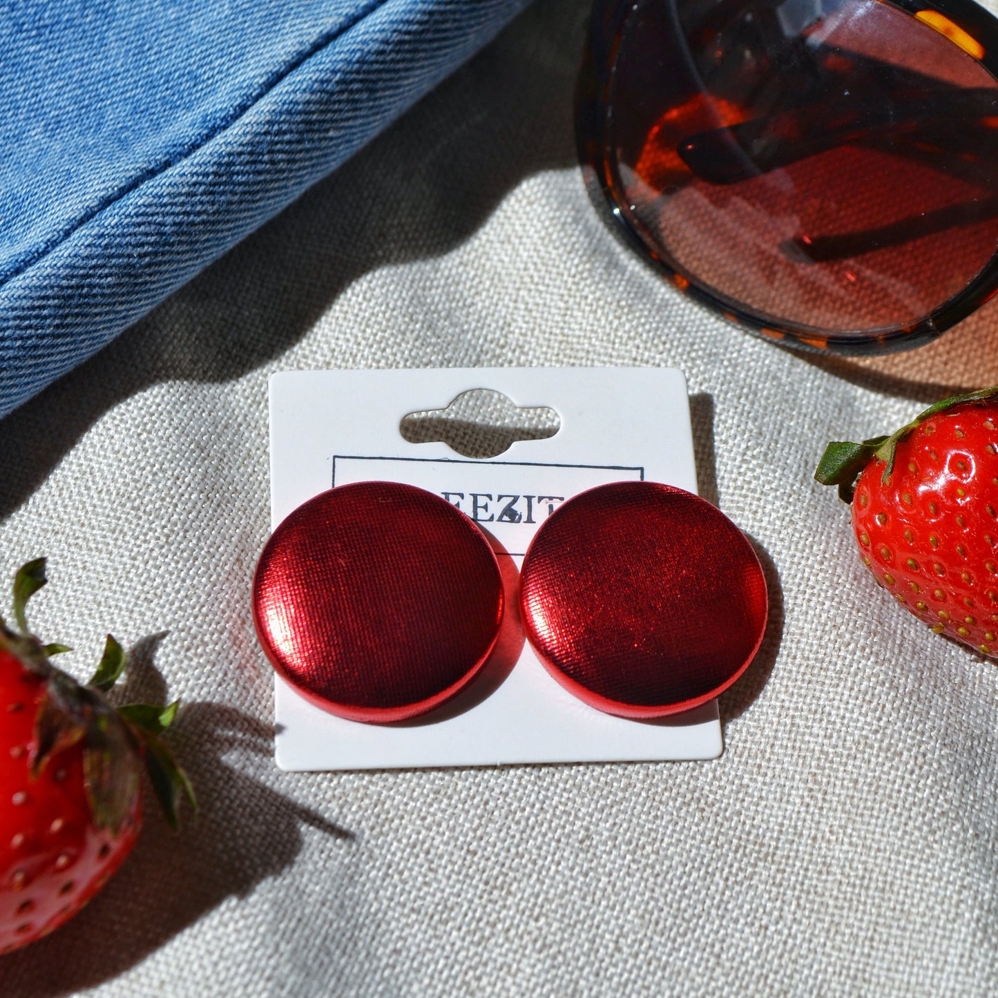 Red Foil Button Earrings - Stud or Clip Ons