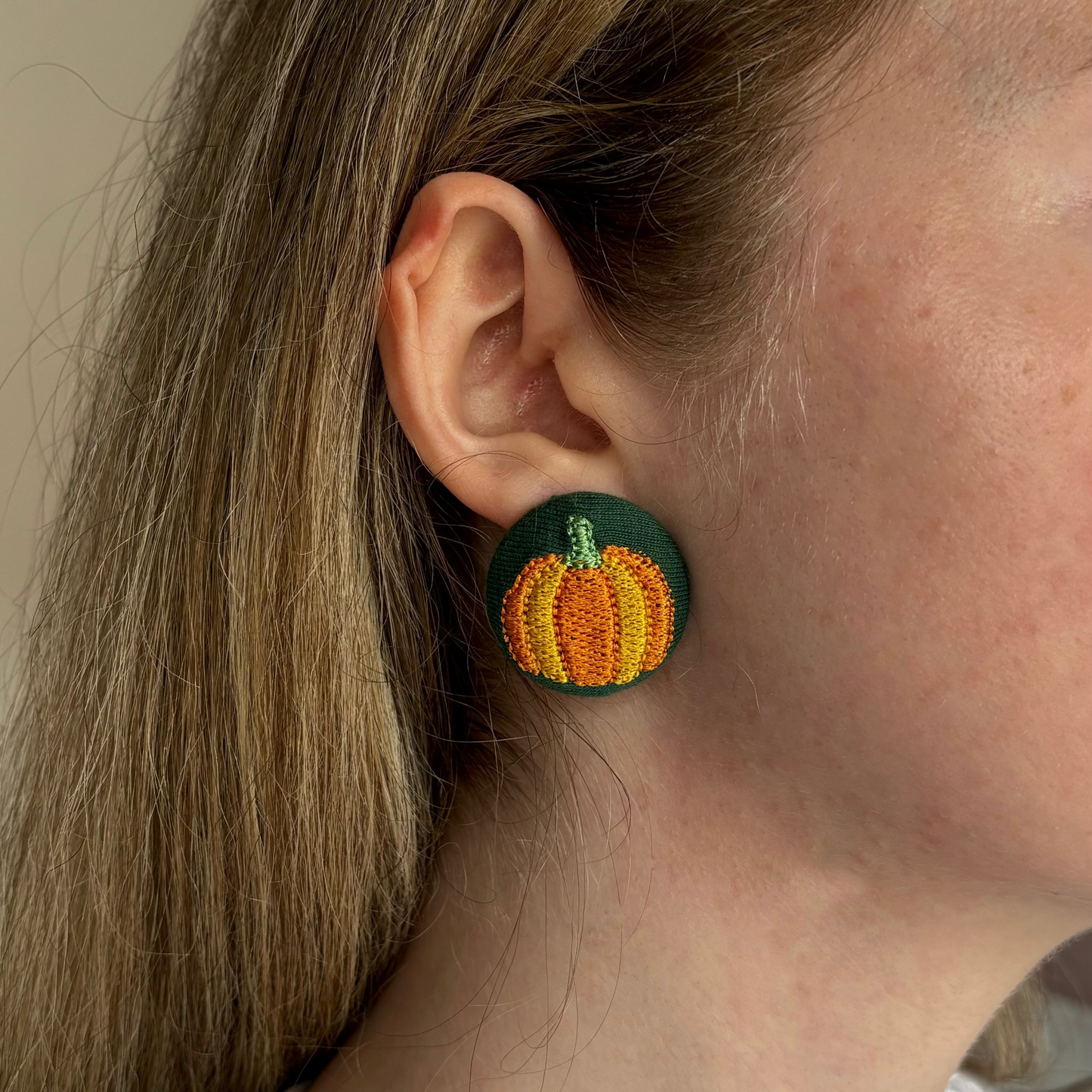 Embroidered Pumpkin Button Earrings – Bottle Green