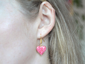 Pink Sparkly Heart Hook Earrings - Valentines