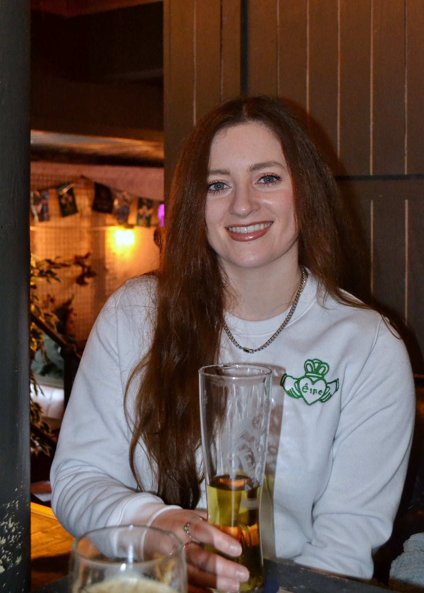 White Claddagh Sweatshirt – Green Embroidery