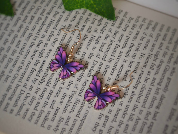 Purple Butterfly Charm Hook Earrings: Gold-Coloured Hypoallergenic Hooks - 9 Vibrant Colours