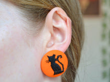 Load image into Gallery viewer, Black Cat Button Earrings - Orange