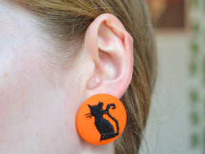 Black Cat Button Earrings - Orange