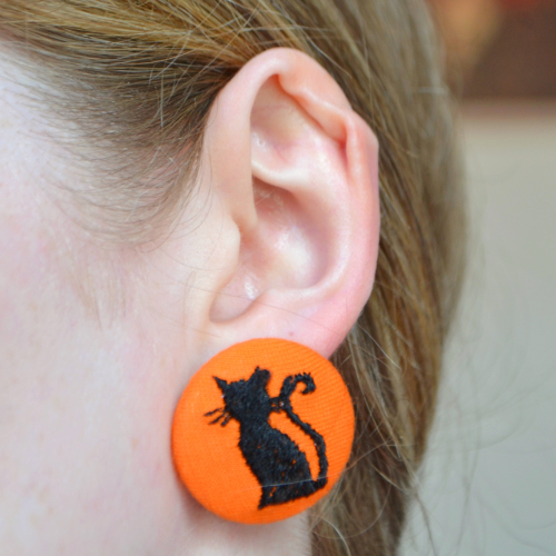 Black Cat Button Earrings - Orange