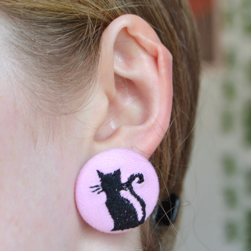 Black Cat Button Earrings - Pink