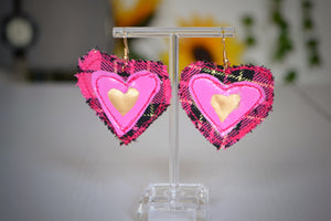 Pink Fabric Heart Hook Earrings: Vintage-Inspired Sustainable Retro Glamour with Tartan Accents