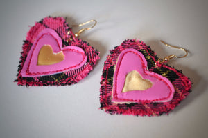 Pink Fabric Heart Hook Earrings: Vintage-Inspired Sustainable Retro Glamour with Tartan Accents