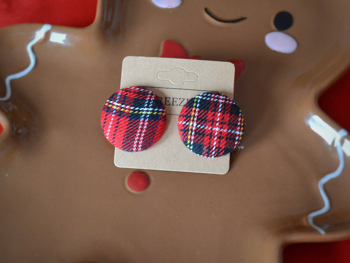 Red Tartan Button Earrings