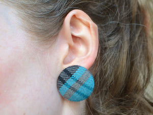 Blue Tartan Button Earrings