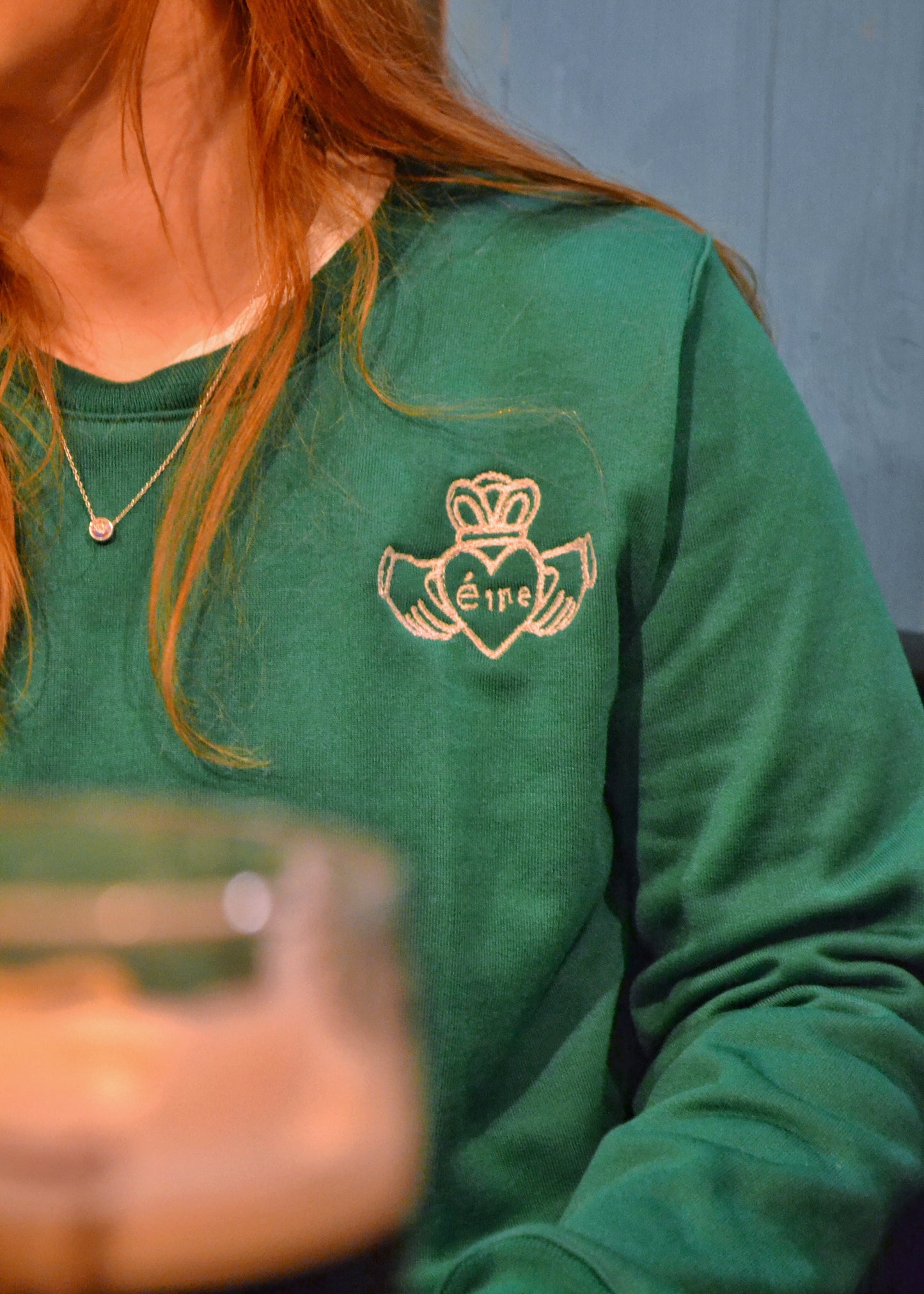 Green Claddagh Sweatshirt – White Embroidery
