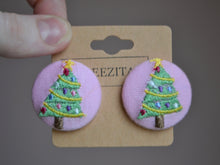 Load image into Gallery viewer, Pink Christmas Tree Button Earrings